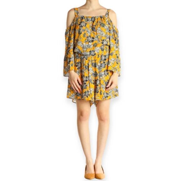 YELLOW FLORAL COLD SHOULDER ROMPER SZ.L/XL EUC - Picture 1 of 8